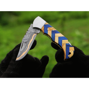 CUSTOM COPPER Damascus Folding Knife Copper Handmade Pocket Knife Wood strips Handle