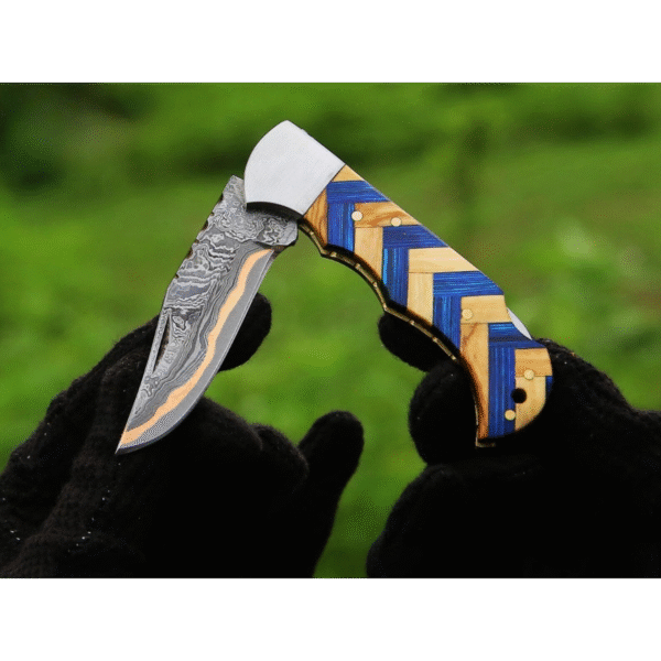 CUSTOM COPPER Damascus Folding Knife Copper Handmade Pocket Knife Wood strips Handle
